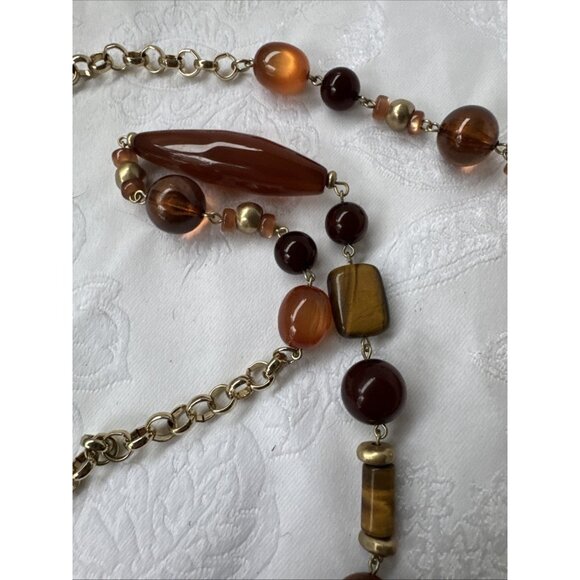 Chicos Brown Amber Gold Tone 20" Long Beaded Statement Necklace NEW - Picture 9 of 16